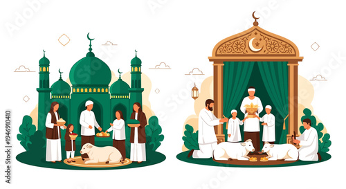 Muslims Celebrating Eid alAdha with Sacrificial Lambs and Mosque Background. Vector Illustrations. EPS Editable