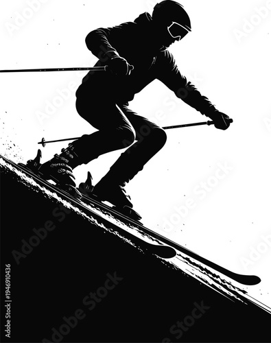 Silhouette of a professional male skier downhill skiing on a steep mountain slope during winter season for sports competition, adventure travel, and outdoor recreation.