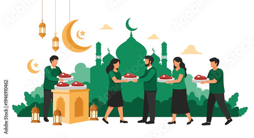 People Sharing Food During Ramadan Celebration with Mosque and Crescent Moon Decoration. Vector Illustrations. EPS Editable