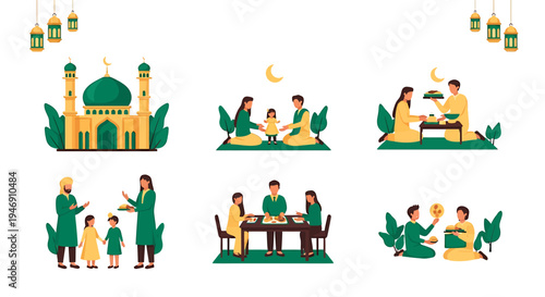 Ramadan Celebration Scenes Mosque Family Gatherings and Iftar Meals. Vector Illustrations. EPS Editable