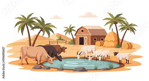 Rural Farm Scene with Livestock Drinking at a Pond. Vector Illustrations. EPS Editable