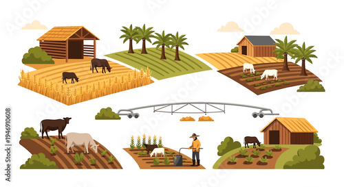 Rural Farm Life Set with Barns Fields Livestock and Farmers. Vector Illustrations. EPS Editable