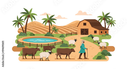Rural Indian Village Scene with Farmer Livestock and Fields. Vector Illustrations. EPS Editable
