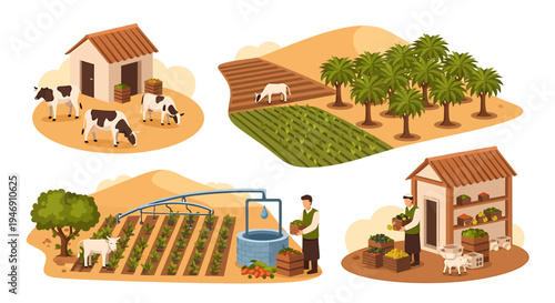 Set of four farm scenes with animals crops and farmers. Vector Illustrations. EPS Editable