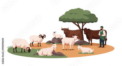 Shepherd tending to his diverse flock of farm animals in a peaceful rural setting. Vector Illustrations. EPS Editable