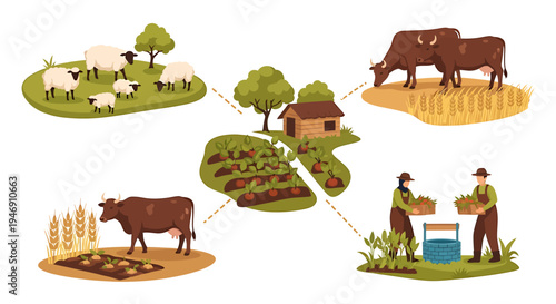 Sustainable Farming Practices and Agricultural Ecosystem with Livestock and Crops. Vector Illustrations. EPS Editable