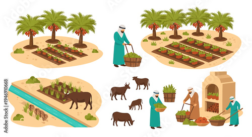 Traditional Middle Eastern Farming and Agriculture with Date Palms and Livestock. Vector Illustrations. EPS Editable