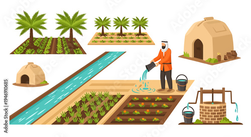 Traditional Middle Eastern Farming Scene with Irrigation and Date Palms. Vector Illustrations. EPS Editable