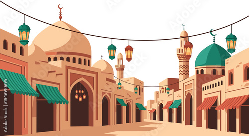 Traditional Islamic City Street with Mosques and Lanterns. Vector Illustrations. EPS Editable