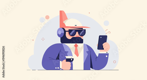 Stylized businessman with sunglasses, headphones, and phone