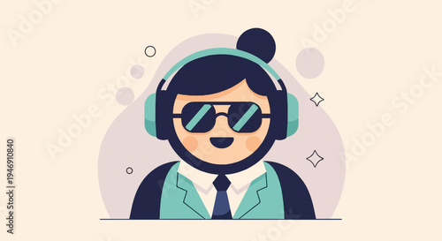 A stylized person in sunglasses and headphones, wearing a tie