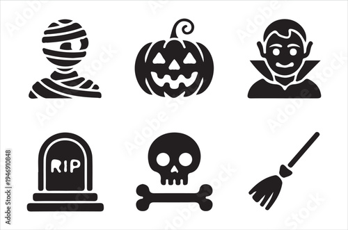 Halloween icons featuring a mummy pumpkin vampire tombstone skull and broom
