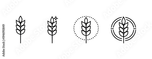Minimal line icons of wheat stalks in four styles, including plain, diamond-tipped, dotted circle badge, and circular target emblem on transparent background