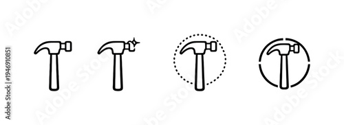Minimal line icon set of hammers with impact spark and circular highlight variations on a soft gray blurred background, representing tools and construction symbols
