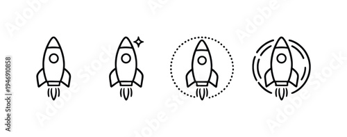 Minimal line rocket ship icon set showing startup launch stages, from simple spacecraft to highlighted and orbiting rocket symbol on grey background