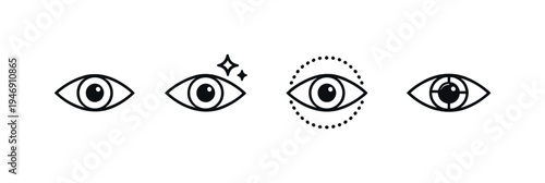 Minimal monochrome row of stylized eye icons showing gaze, sparkle, focus and target symbols on a gradient background in a flat vector design