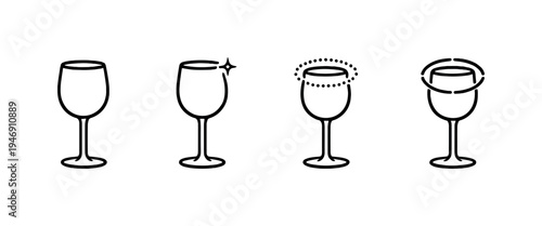 Minimal line icons of wine glasses showing different states, including plain cup, sparkling shine, dotted rim highlight, and swirling liquid motion on gray background