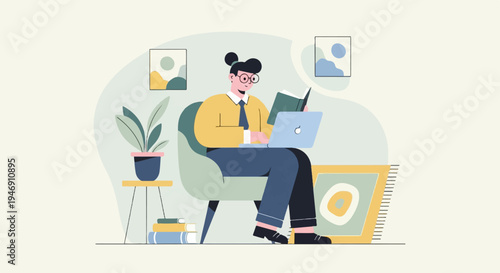 Person in armchair with laptop and book, surrounded by plants and art