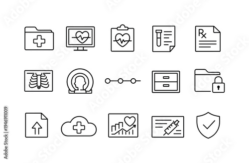 Minimal line medical and healthcare interface icons set showing patient records, heart monitoring, prescriptions, imaging, cloud storage, and security symbols
