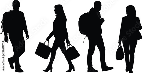 Silhouettes of people walking with backpacks and shopping bags, men and women in casual clothing for travel, lifestyle, and commerce.