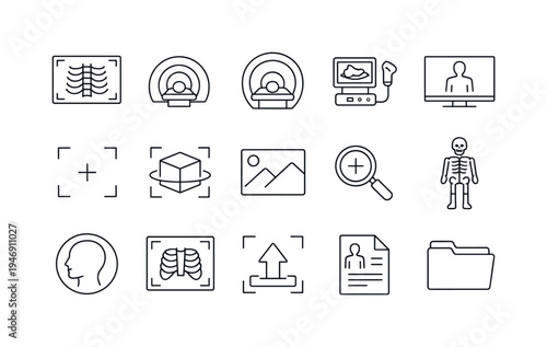 Minimal line icons representing radiology and medical imaging workflow with scans, ultrasound, patient records, search tools, and anatomy symbols