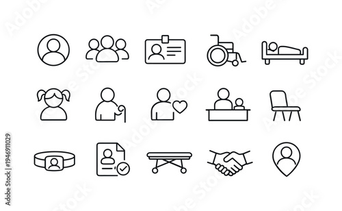 Minimal line healthcare and patient support icons set featuring doctor, nurse, elderly care, wheelchair access, hospital bed, handshake and records