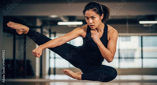 Determined Asian woman practicing martial arts, expression of strength, power and fierce grit