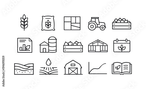 Minimal black line farm and agriculture icon set featuring tractor, barn, greenhouse, silo, crops, irrigation, harvest crate, and analytics