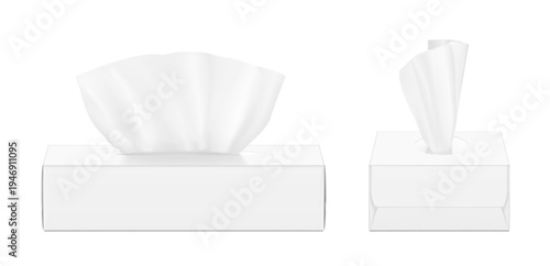Realistic tissue set in box mockup. Front and side views. Vector illustration isolated on white background. Can be use for template your design, presentation, promo, ad. EPS10.