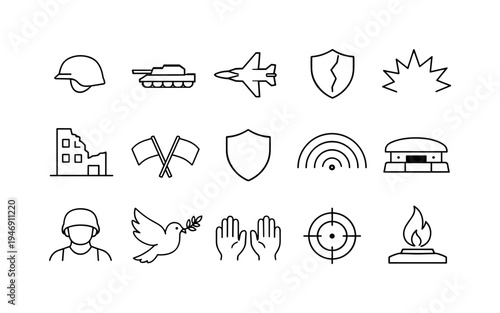 Minimal line icon set of war and peace symbols including helmet, tank, jet, shields, explosion, ruined building, flags, dove, hands, target, flame