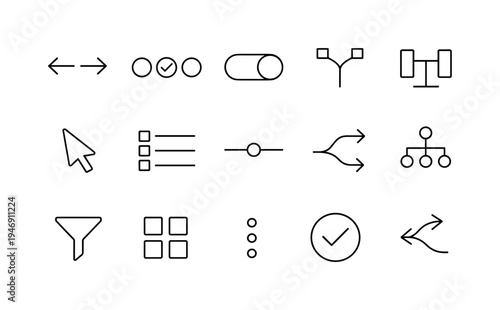 Minimal black line interface icon set featuring navigation arrows, cursor pointer, toggle switch, checkmarks, sliders, filter, and flowchart symbols
