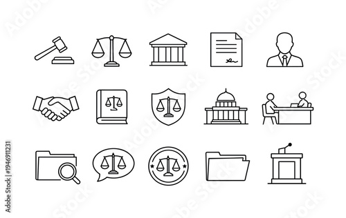 Minimal line icons set for legal services showing gavel, scales of justice, courthouse, contract, attorney, handshake, trial, and podium symbols