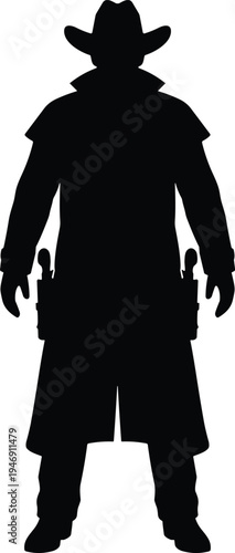 Western cowboy gunslinger silhouette wearing long coat and hat with holstered revolvers isolated on white background, wild west outlaw