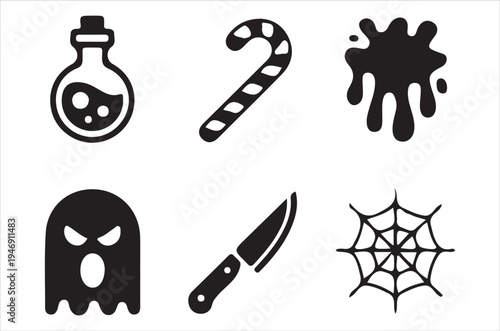Halloween icons featuring a potion candy cane ghost and spiderweb