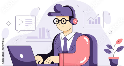 Person wearing headphones works on a laptop in an office with charts