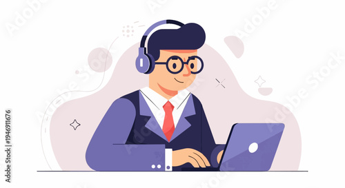 Person with headphones and glasses working on a laptop