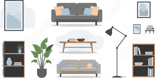 Flat design living room scene with sofas, coffee table, bookshelves, and a plant