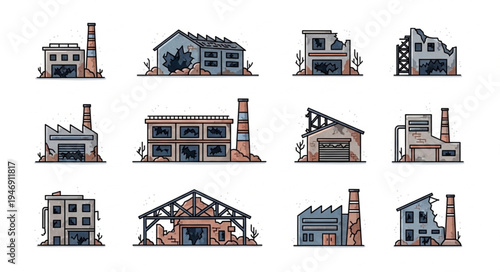 Collection of Ruined Industrial Buildings in Vector Style.