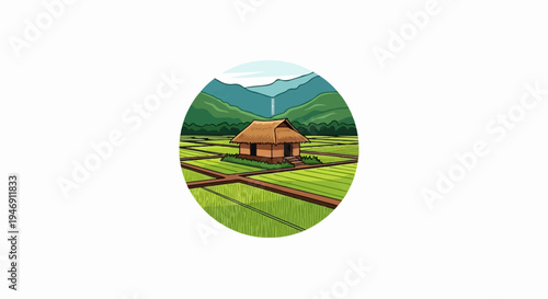 A small thatched-roof hut sits in the center of vibrant green rice paddies, with lush mountains