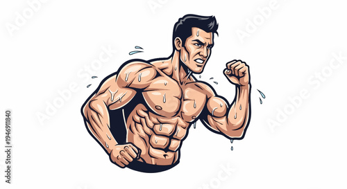 Muscular man, sweaty and determined, flexing biceps, sports motivation