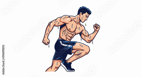 Muscular male athlete running, glistening with sweat