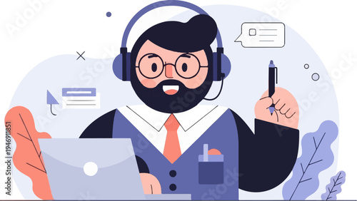 Friendly customer service representative with headset and laptop, holding a pen