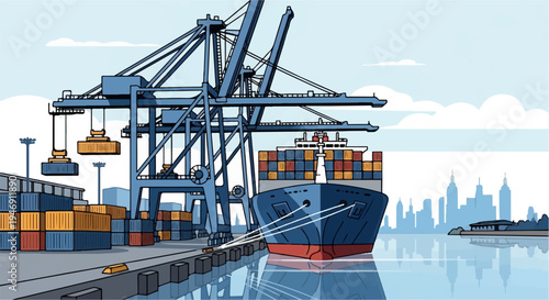 Cargo ship at port with cranes, containers, and city skyline
