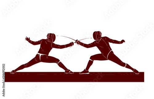 Modern Pentathlon Epee Fencing Duel Silhouette, Competitive Sports Attack Vector Sticker, High Energy Technical Action Illustration