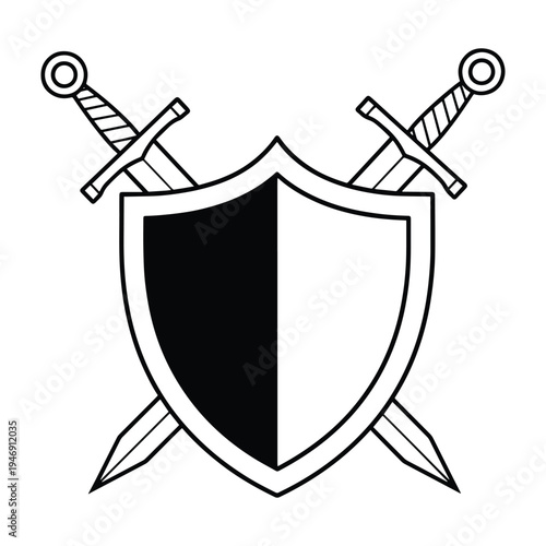 Shield with crossed swords in black and white vector
