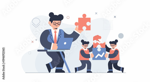 Business team assembling puzzle with chart and laptop