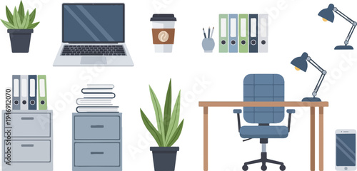 Flat illustration of a modern office desk with computer, chair, and plants
