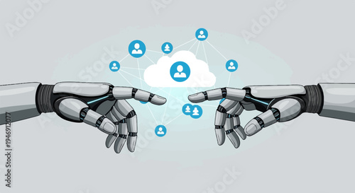 Two robotic hands reaching towards a cloud network
