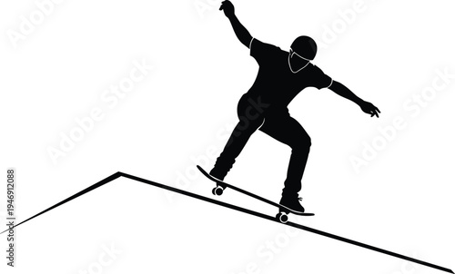 Skateboarder Silhouette Vector Illustration, Skater Performing Grind Trick on Rail, Extreme Sports Action Graphic for Street Skateboarding and Youth Culture,