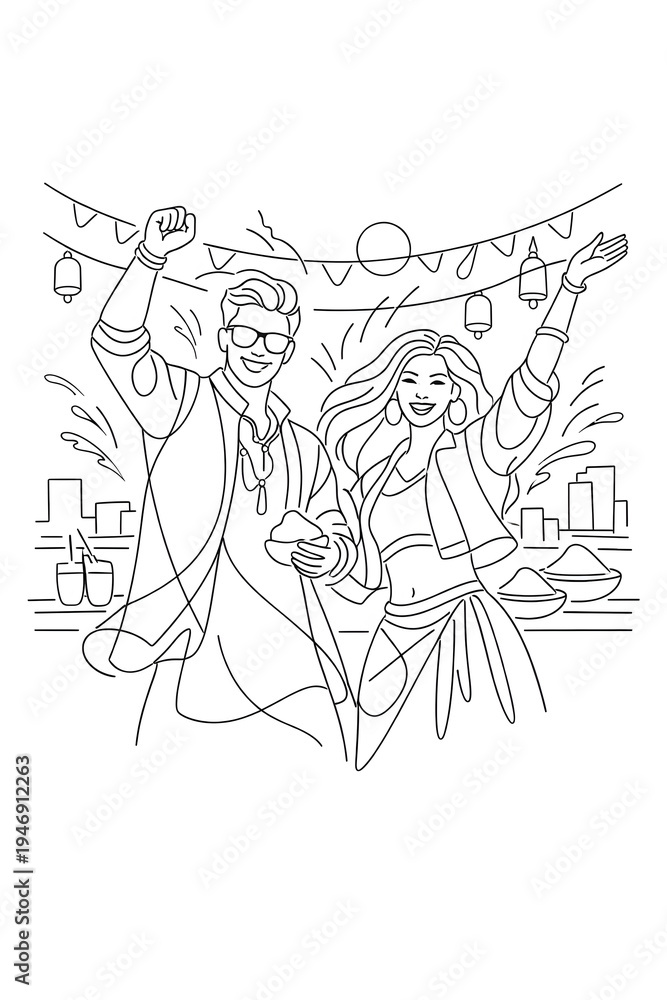 Obraz premium Modern single line art of playful college students celebrating on campus in minimal monoline style